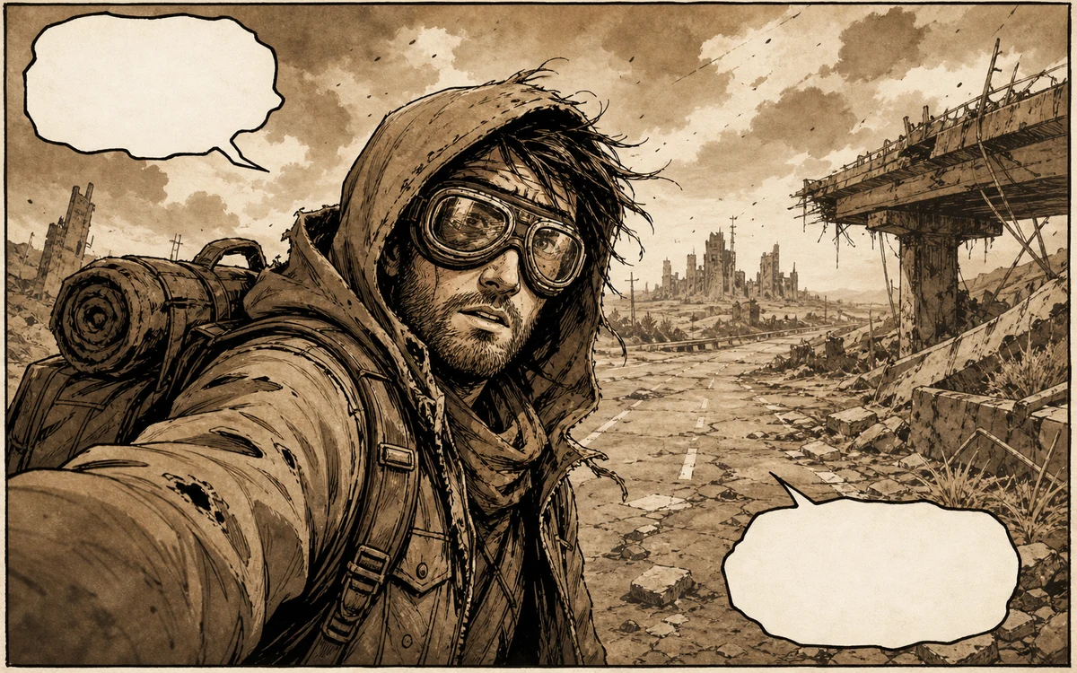 Sepia adventure comic story panel example