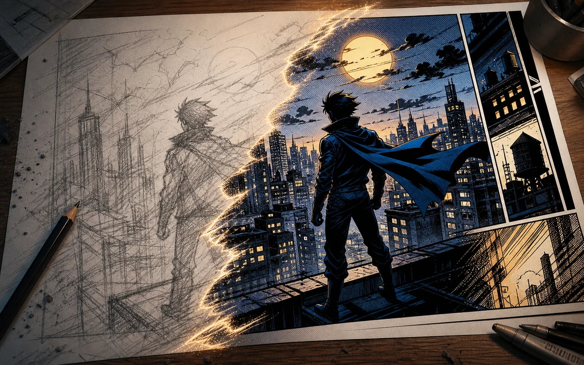 Sketch to comic conversion with pencil city scene becoming a finished panel